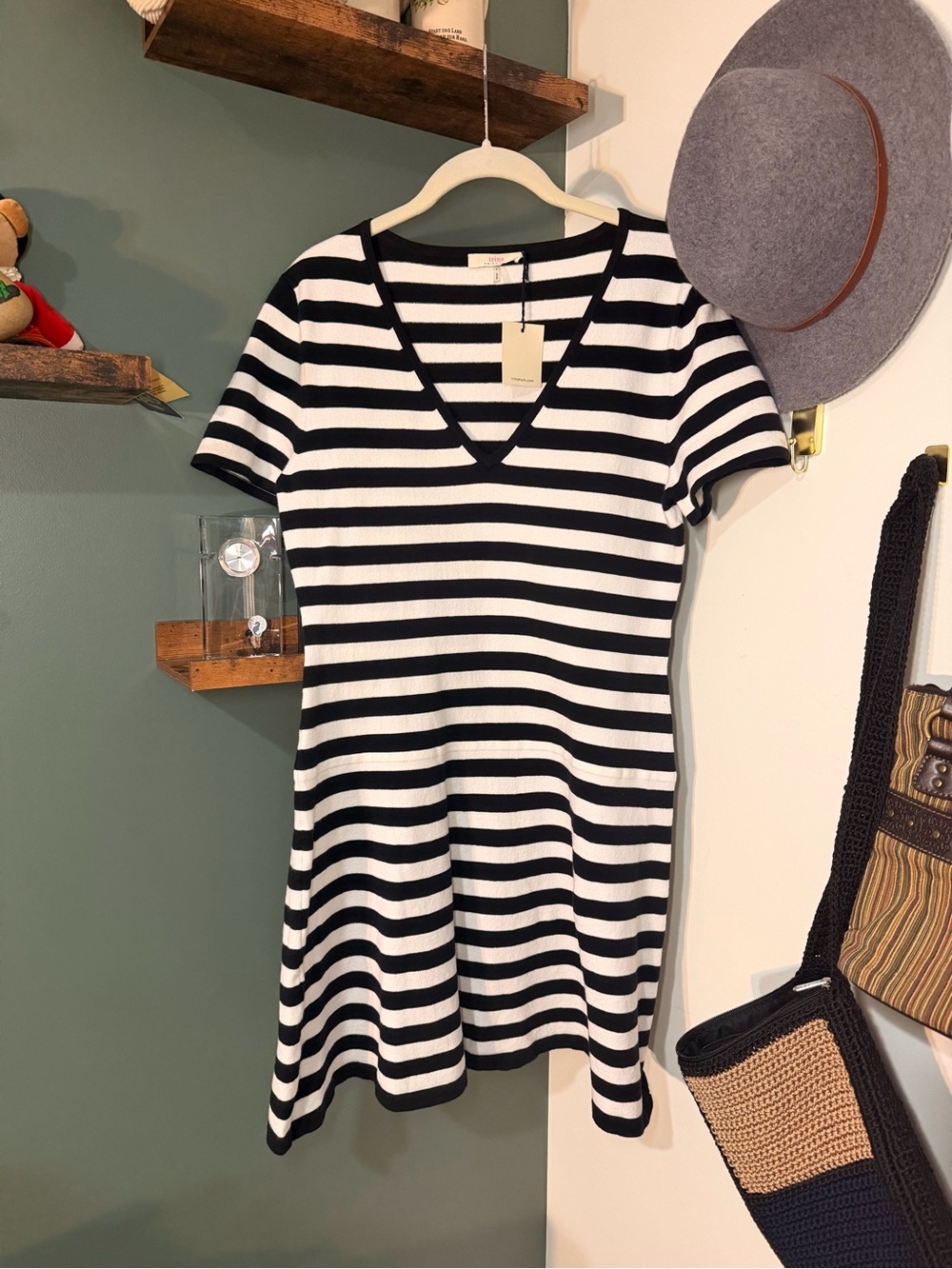 Trina Turk Black & White Striped Drop Waist Sweater Dress – Size L NWT